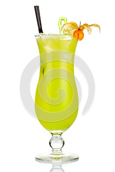 Green alcohol cocktail with Physalis berries isolated