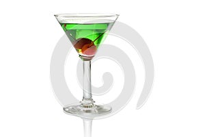 Green alcoholic midori cocktail with cherries