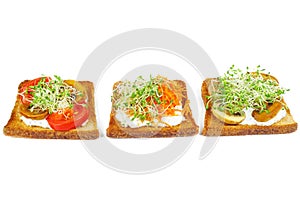 Green alfalfa sprouts,fresh and dried tomatoes on toasted slices of wholegrain bread isolated on white