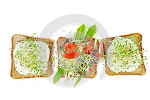 Green alfalfa sprouts,fresh and dried tomatoes on toasted slices of wholegrain bread isolated on white background