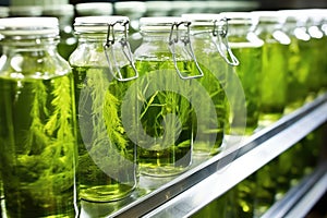 green algae in lab flasks for biofuel production