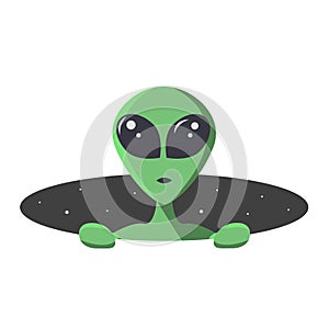 Green alien climbs out from the hole of space with stars. Extraterrestrial in flat cartoon style for t-shirt, print or textile.