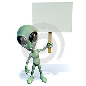 Green alien holding sign