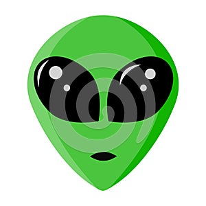 Green alien portrait with large black eyes from 51 area. Martian face isolated in white background. Extraterrestrial humanoid head