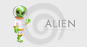 Green alien in space suit with transparent helmet. Realistic humanoid greeting gesture