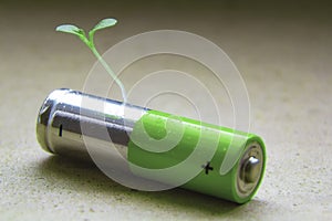 Green Alkaline AA battery close up with a green bore sprouted seed