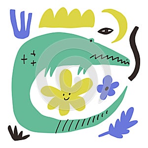 Green alligator hand drawn flat doodle vector illustration in Scandinavian style. Cute cartoon african exotic animal