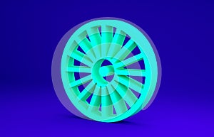 Green Alloy wheel for a car icon isolated on blue background. Minimalism concept. 3d illustration 3D render