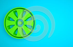 Green Alloy wheel for car icon isolated on blue background. Minimalism concept. 3D render illustration