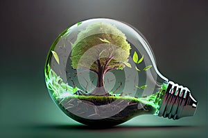 Green Alternative energy in the form of a Green tree concept inside a light bulb ecology and energy conservation, reasonable
