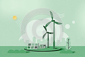 Green alternative renewable energy. Green eco friendly nature landscape background.Paper art of ecology and environment concept.