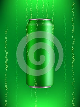 Green Aluminum can with drink in liquid with bubbles of gas on background with backlight