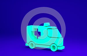 Green Ambulance and emergency car icon isolated on blue background. Ambulance vehicle medical evacuation. Minimalism