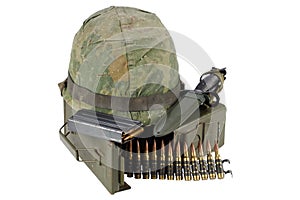 Green Ammo Box with ammunition belt and helmet