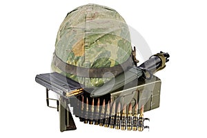 Green Ammo Box with ammunition belt and helmet