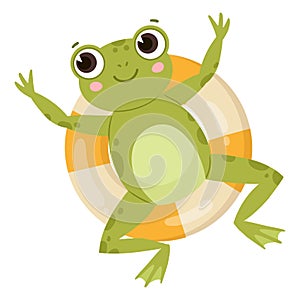 Green amphibia, cartoon cute frog, water animal. Funny froggy floats on inflatable ring, cheerful froglet flat vector illustration
