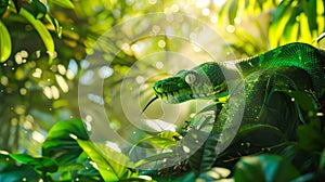 Green anaconda stalking prey in the jungle