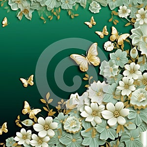 green anche white background black and white flowers metallic,generated with AI.