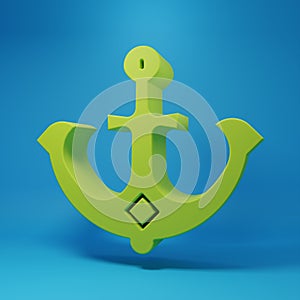 Green Anchor icon isolated on blue background. Minimalism concept. 3D render illustration