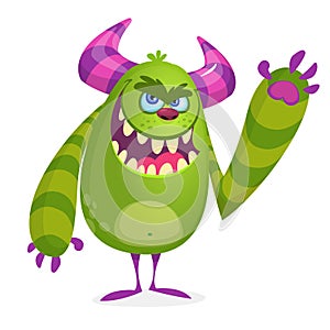 Green angry cartoon monster. Green and horned vector troll character. Halloween design.