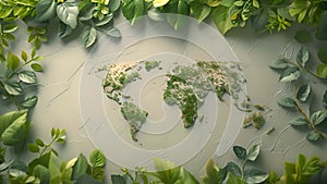 Green animation: Leaves depict world map, Earth stewardship.