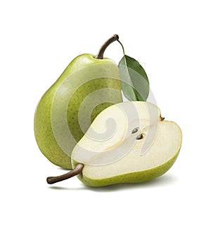 Green anjou pear whole half isolated on white background photo