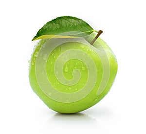 Green apple  Granny smith  with green leaf and water drops isolated on white