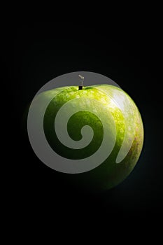 Green apple on a black background.