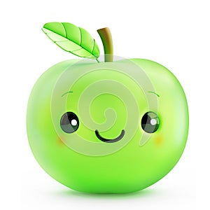 Green apple with a cute face and a single leaf