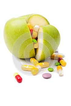 Green apple filled with drugs concept