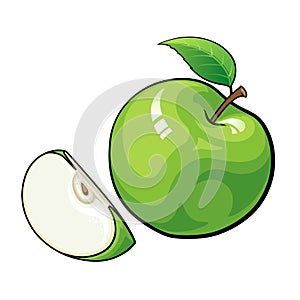 Green apple, fruit cartoon, Apple with leaf isolate on white background