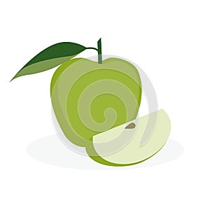 Green apple fruit with green leaf and slice isolated on white. Icon vector illustration