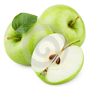 Green apple fruit with half and green leaf isolated on white
