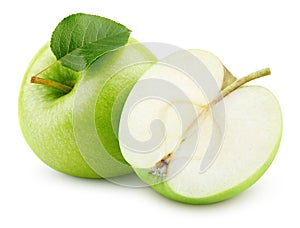 Green apple fruit with half and green leaf isolated on white