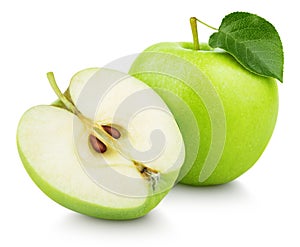 Green apple fruit with half and green leaf isolated on white