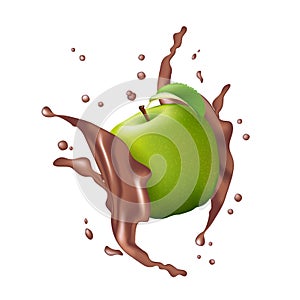Green Apple Fruit Milk Chocolate Juice Yogurt Splash Illustration Isolated On White. Realistic Packaging Design Template Element.