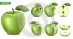 Green Apple Fruit Ripe Realistic 3D Food Vector Set. Whole Half and Sliced Version