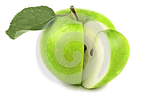 Green apple fruits and half of apple and green leaves isolated on white background