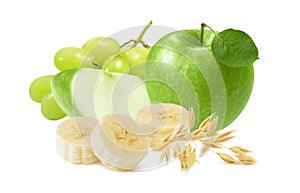 Green apple, grapes, bananas and oat ears isolated on white background