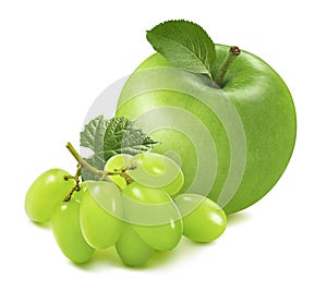 Green apple and grapes with leaves isolated on white background