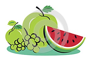Green apple, grapes, and sliced watermelon on white. Healthy eating, fruit assortment, fresh summer fruits vector