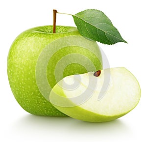 Green apple with green leaf and apple slice isolated on white