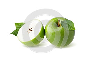 Green apple with green leaf and cut slice with seed isolated on white background