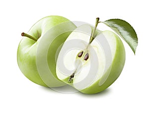 Green apple half leaf isolated on white background