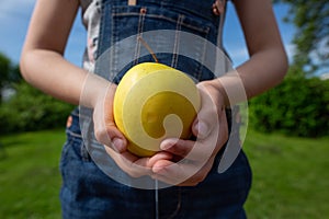 A green apple in a hand reaching out