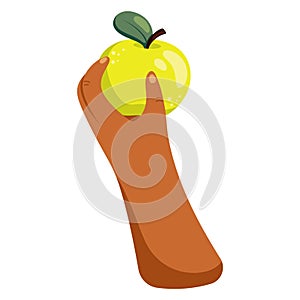 Green apple in hand. Ripe juicy fruit illustration. Bright cartoon flat clipart