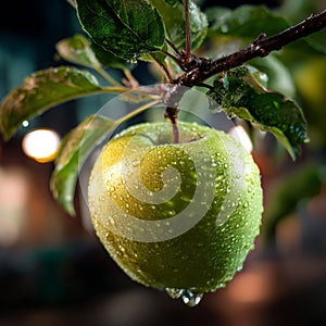 A green apple hanging from a tree branch with water droplets on it