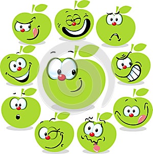 Green apple icon cartoon with funny faces