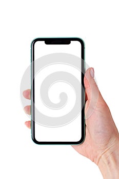Green Apple iPhone 11 mock up in a female hand isolated on a white background