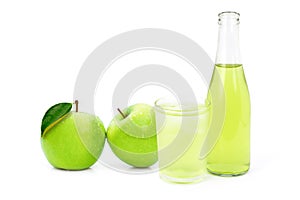 Green apples  granny smith  with glass bottle of apple juice isolated on white.